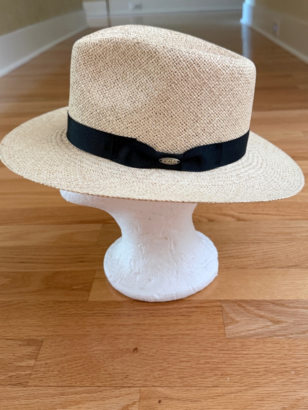 Scala Mens Panama Straw Fedora Hat Black Ribbon Band Size Medium